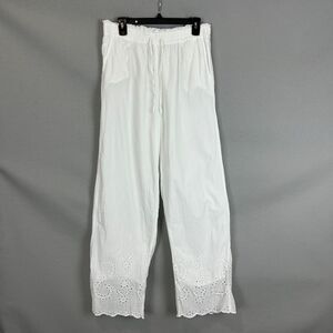 Tu 100% Cotton Eyelet Pants White Boho Beach Summer Drawstring Size 14 Relaxed
